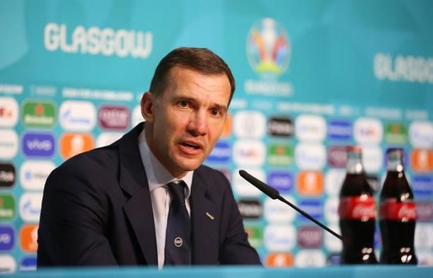 In this handout picture provided by UEFA, Andriy Shevchenko, Head Coach of Ukraine speaks to the media during the Ukraine Press Conference after UEFA...