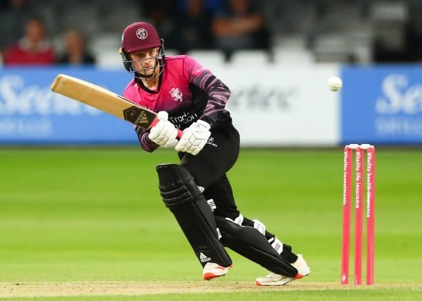Lewis Goldsworthy of Somerset bats during the Vitality T20 Blast match between Essex Eagles and Somerset CCC at Cloudfm County Ground on June 29,...