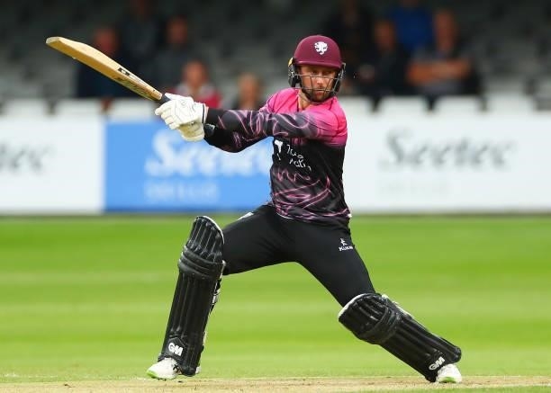 Devon Conway of Somerset bats during the Vitality T20 Blast match between Essex Eagles and Somerset CCC at Cloudfm County Ground on June 29, 2021 in...