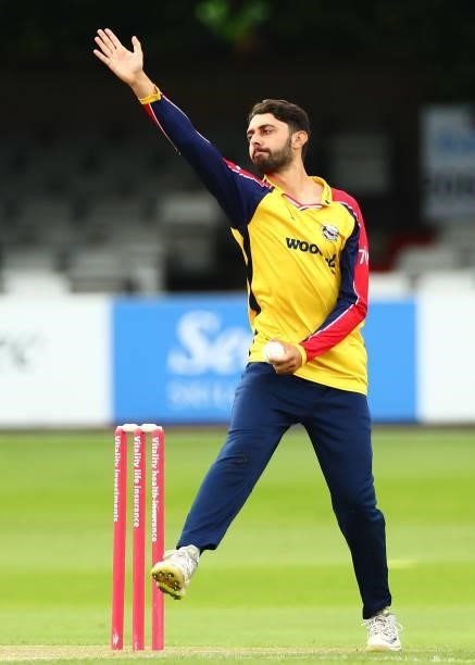 Aron Nijjar of Essex Eagles bowls during the Vitality T20 Blast match between Essex Eagles and Somerset CCC at Cloudfm County Ground on June 29, 2021...