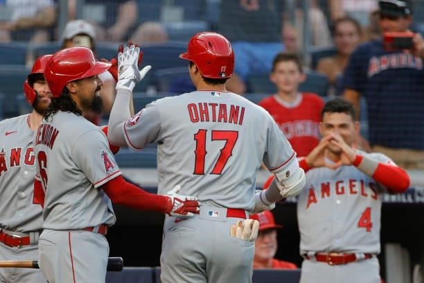 Teammates congratulate Shohei Ohtani of the Los Angeles Angels after his solo home run during the third inning against the New York Yankees at Yankee...