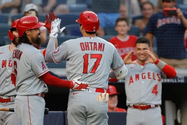Teammates congratulate Shohei Ohtani of the Los Angeles Angels after his solo home run during the third inning against the New York Yankees at Yankee...