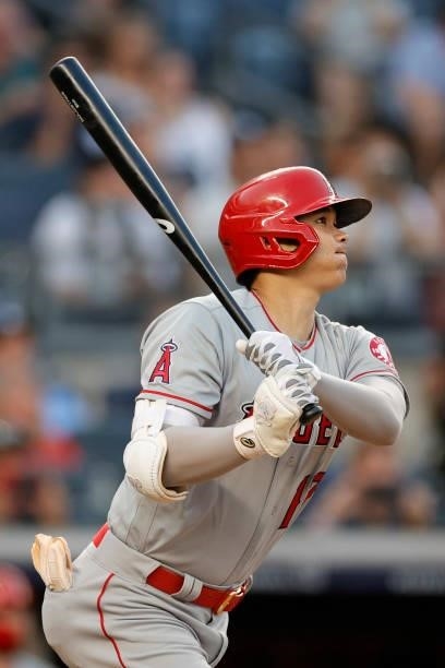 Shohei Ohtani of the Los Angeles Angels hits a solo home run during the third inning against the New York Yankees at Yankee Stadium on June 29, 2021...