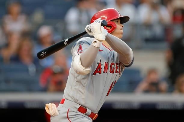 Shohei Ohtani of the Los Angeles Angels hits a solo home run during the third inning against the New York Yankees at Yankee Stadium on June 29, 2021...