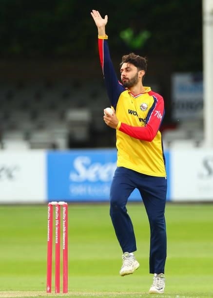 Aron Nijjar of Essex Eagles bowls during the Vitality T20 Blast match between Essex Eagles and Somerset CCC at Cloudfm County Ground on June 29, 2021...