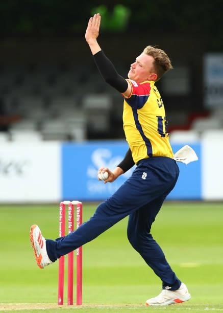 Sam Cook of Essex Eagles bowls during the Vitality T20 Blast match between Essex Eagles and Somerset CCC at Cloudfm County Ground on June 29, 2021 in...