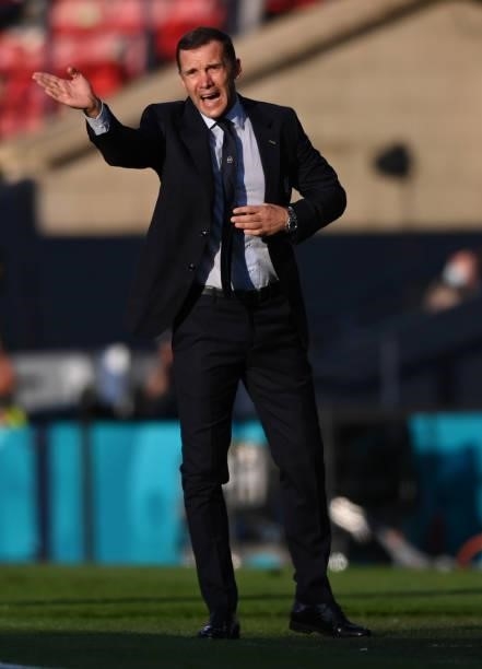 Ukraine head coach Andriy Shevchenko instructs his team from the sideline during the UEFA Euro 2020 Championship Round of 16 match between Sweden and...