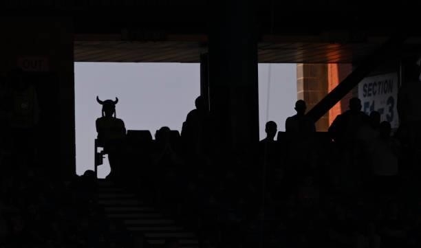 Sweden supporter wearing a horned helmet watches the game from the back of the stand during the UEFA Euro 2020 Championship Round of 16 match between...