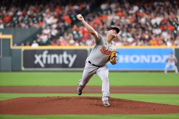 Travis Lakins Sr. #70 of the Baltimore Orioles delivers during the first inning against the Houston Astros at Minute Maid Park on June 29, 2021 in...