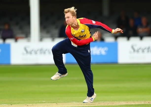 Simon Harmer of Essex Eagles bowls during the Vitality T20 Blast match between Essex Eagles and Somerset CCC at Cloudfm County Ground on June 29,...