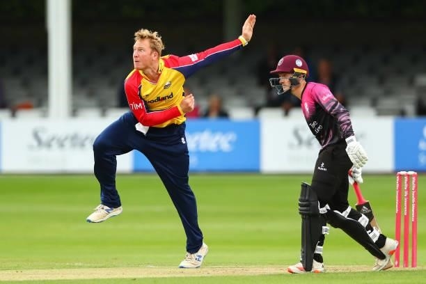 Simon Harmer of Essex Eagles bowls during the Vitality T20 Blast match between Essex Eagles and Somerset CCC at Cloudfm County Ground on June 29,...