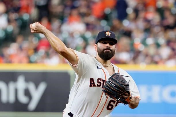 Jose Urquidy of the Houston Astros delivers during the first inning against the Baltimore Orioles at Minute Maid Park on June 29, 2021 in Houston,...