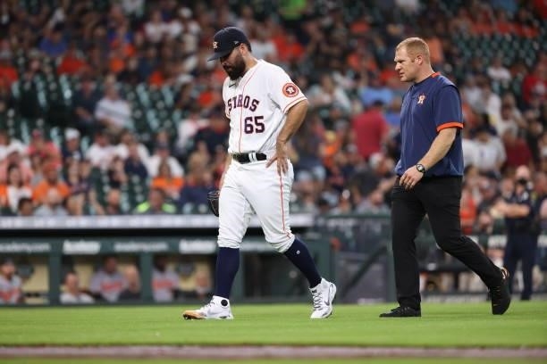 Jose Urquidy of the Houston Astros exits the game during the second inning against the Baltimore Orioles at Minute Maid Park on June 29, 2021 in...