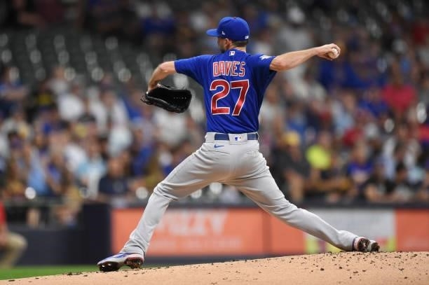 Zach Davies of the Chicago Cubs pitches against the Milwaukee Brewers in the first inning at American Family Field on June 29, 2021 in Milwaukee,...