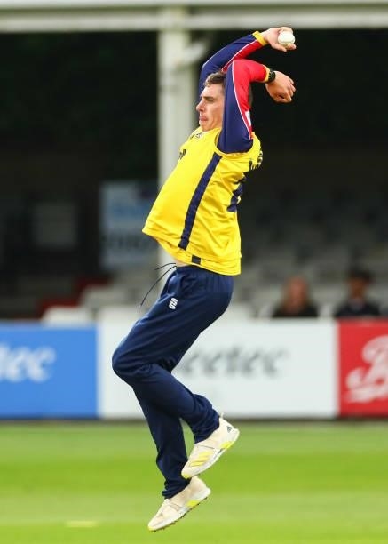 Dan Lawrence of Essex Eagles bowls during the Vitality T20 Blast match between Essex Eagles and Somerset CCC at Cloudfm County Ground on June 29,...