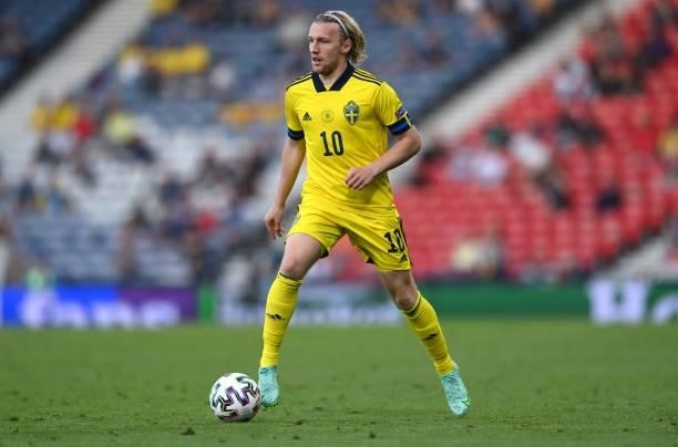 Sweden player Emil Forsberg in action during the UEFA Euro 2020 Championship Round of 16 match between Sweden and Ukraine at Hampden Park on June 29,...