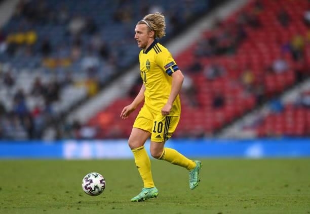 Sweden player Emil Forsberg in action during the UEFA Euro 2020 Championship Round of 16 match between Sweden and Ukraine at Hampden Park on June 29,...