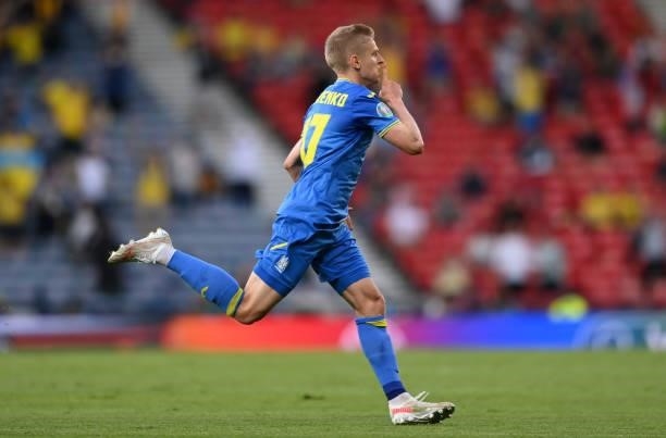 Ukraine player Oleksandr Zinchenko celebrates after scoring the first goal during the UEFA Euro 2020 Championship Round of 16 match between Sweden...