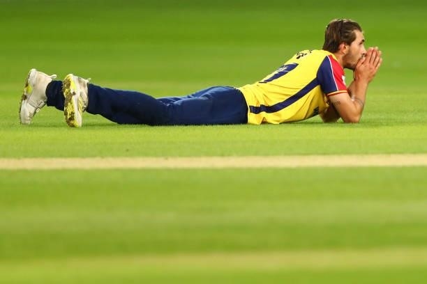 Jack Plom of Essex Eagles reacts during the Vitality T20 Blast match between Essex Eagles and Somerset CCC at Cloudfm County Ground on June 29, 2021...