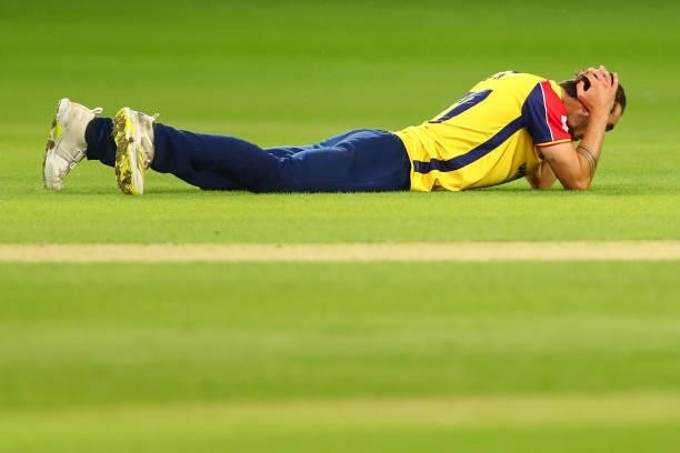 Jack Plom of Essex Eagles reacts during the Vitality T20 Blast match between Essex Eagles and Somerset CCC at Cloudfm County Ground on June 29, 2021...