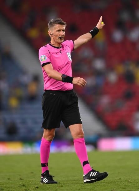 Referee Daniele Orsato makes a decision during the UEFA Euro 2020 Championship Round of 16 match between Sweden and Ukraine at Hampden Park on June...