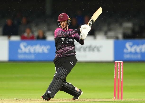 Max Waller of Somerset bats during the Vitality T20 Blast match between Essex Eagles and Somerset CCC at Cloudfm County Ground on June 29, 2021 in...