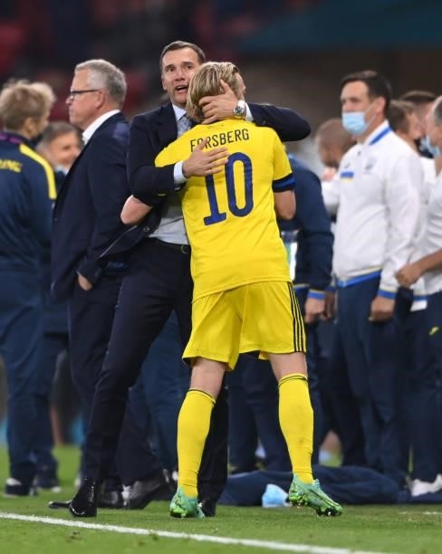 Ukraine head coach Andriy Shevchenko consoles Sweden player Emil Forsberg after the UEFA Euro 2020 Championship Round of 16 match between Sweden and...