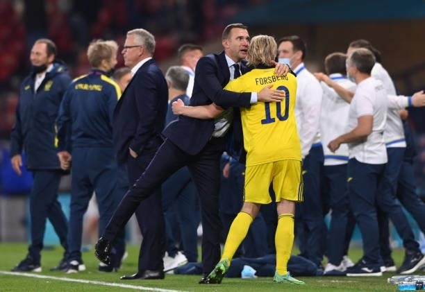 Ukraine head coach Andriy Shevchenko consoles Sweden player Emil Forsberg after the UEFA Euro 2020 Championship Round of 16 match between Sweden and...