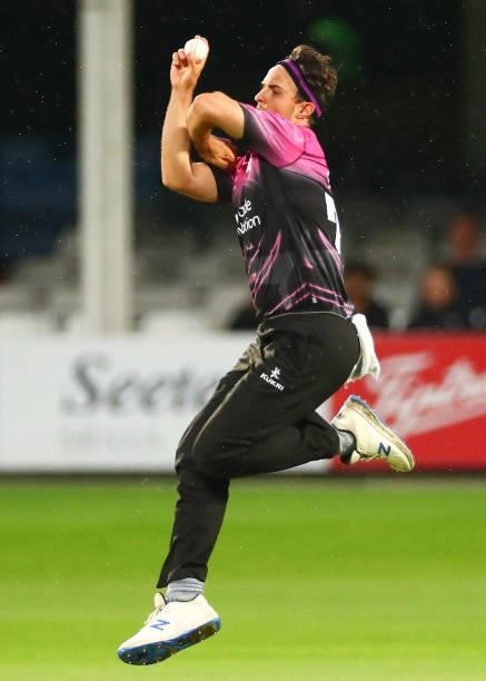 Jack Brooks of Somerset bowls during the Vitality T20 Blast match between Essex Eagles and Somerset CCC at Cloudfm County Ground on June 29, 2021 in...