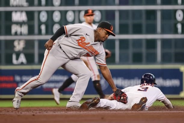 Myles Straw of the Houston Astros steals second base during the second inning ahead of the tag from Domingo Leyba of the Baltimore Orioles at Minute...
