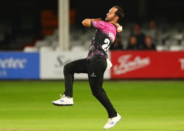 Lewis Gregory of Somerset bowls during the Vitality T20 Blast match between Essex Eagles and Somerset CCC at Cloudfm County Ground on June 29, 2021...