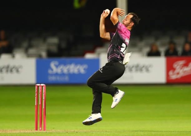 Lewis Gregory of Somerset bowls during the Vitality T20 Blast match between Essex Eagles and Somerset CCC at Cloudfm County Ground on June 29, 2021...