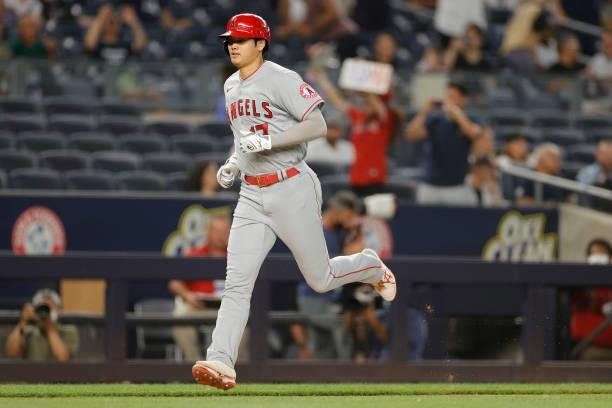 Shohei Ohtani of the Los Angeles Angels rounds the bases after hitting a two-run home run during the fifth inning against the New York Yankees at...