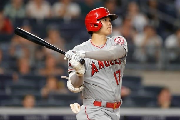Shohei Ohtani of the Los Angeles Angels hits a two-run home run during the fifth inning against the New York Yankees at Yankee Stadium on June 29,...