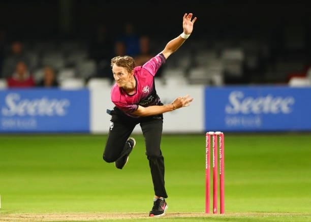 Max Waller of Somerset bowls during the Vitality T20 Blast match between Essex Eagles and Somerset CCC at Cloudfm County Ground on June 29, 2021 in...