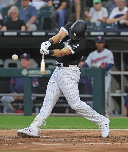 Gavin Sheets of the Chicago White Sox gets a hit in his first at bat, a single in the 2nd inning, in his Major League debut against the Minnesota...