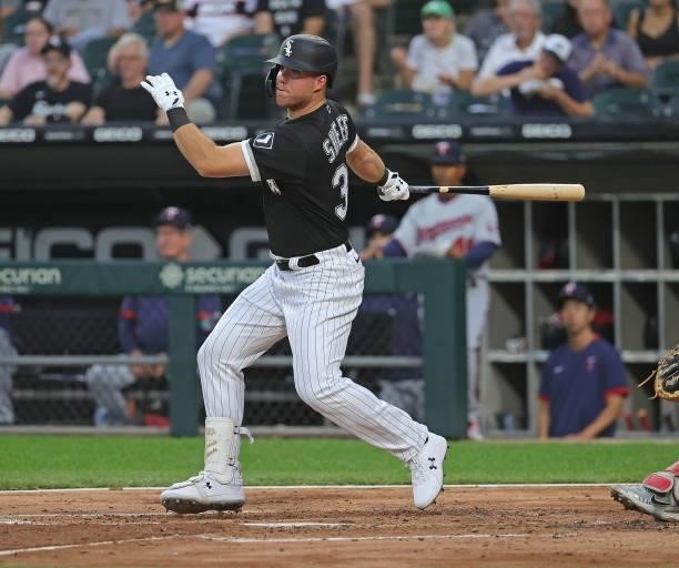 Gavin Sheets of the Chicago White Sox gets a hit in his first at bat, a single in the 2nd inning, in his Major League debut against the Minnesota...