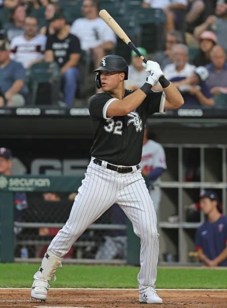 Gavin Sheets of the Chicago White Sox readies to bat in his Major League debut against the Minnesota Twins at Guaranteed Rate Field on June 29, 2021...