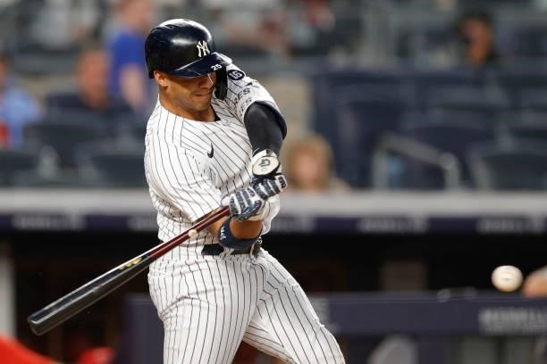 Gleyber Torres of the New York Yankees hits a two-RBI single during the fourth inning against the Los Angeles Angels at Yankee Stadium on June 29,...