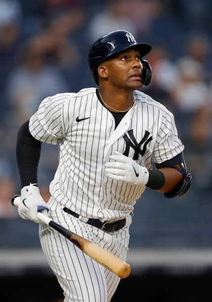 Miguel Andujar of the New York Yankees hits a solo home run during the fourth inning against the Los Angeles Angels at Yankee Stadium on June 29,...