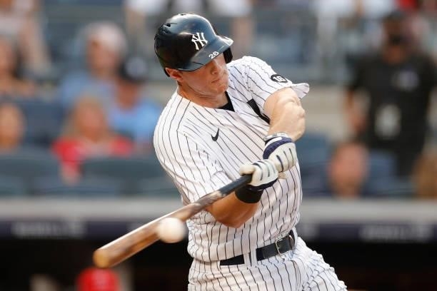 LeMahieu of the New York Yankees hits an RBI single during the second inning against the Los Angeles Angels at Yankee Stadium on June 29, 2021 in the...
