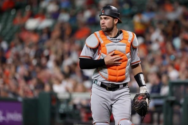 Austin Wynns of the Baltimore Orioles walks back to home plate during the first inning against the Houston Astros at Minute Maid Park on June 29,...