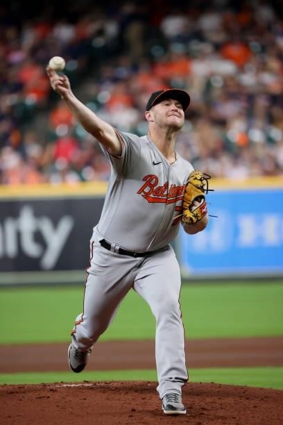 Travis Lakins Sr. #70 of the Baltimore Orioles delivers during the first inning against the Houston Astros at Minute Maid Park on June 29, 2021 in...