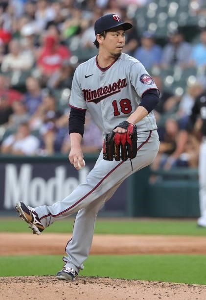Starting pitcher Kenta Maeda of the Minnesota Twins delivers the ball against the Chicago White Sox at Guaranteed Rate Field on June 29, 2021 in...