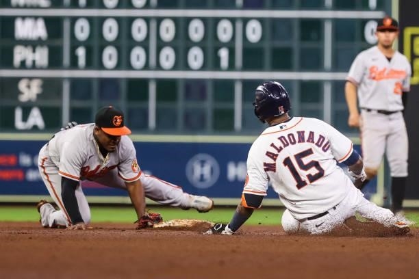 Martin Maldonado of the Houston Astros is out at second on a tag from Domingo Leyba of the Baltimore Orioles during the fourth inning at Minute Maid...