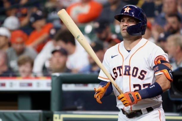 Jose Altuve of the Houston Astros walks to the plate during the first inning against the Baltimore Orioles at Minute Maid Park on June 29, 2021 in...