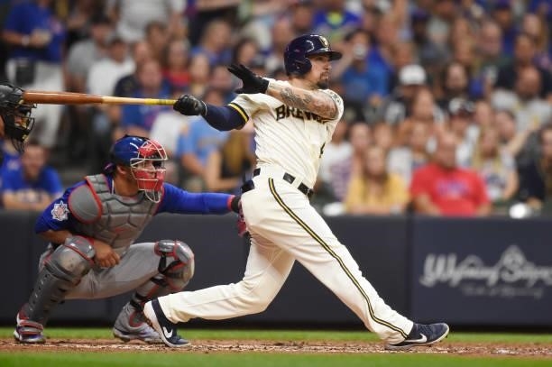Jace Peterson of the Milwaukee Brewers hits an RBI single in the fourth inning against the Chicago Cubs at American Family Field on June 29, 2021 in...