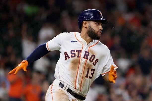 Abraham Toro of the Houston Astros runs to first after hitting a single to center field scoring two during the fifth inning against the Baltimore...