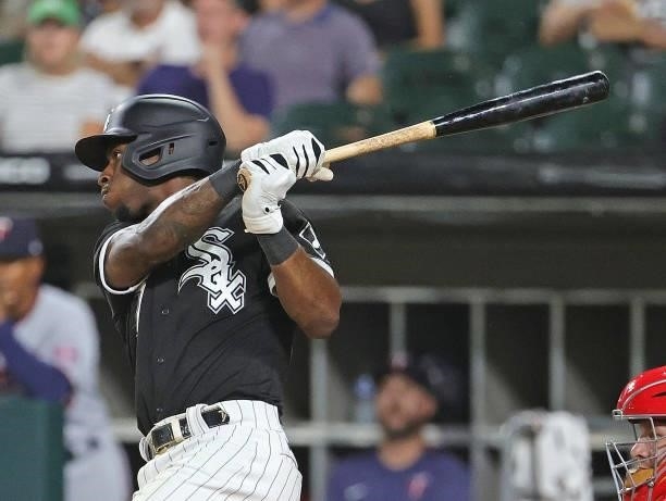 Tim Anderson of the Chicago White Sox hits a run scoring single in the 5th inning against the Minnesota Twins at Guaranteed Rate Field on June 29,...