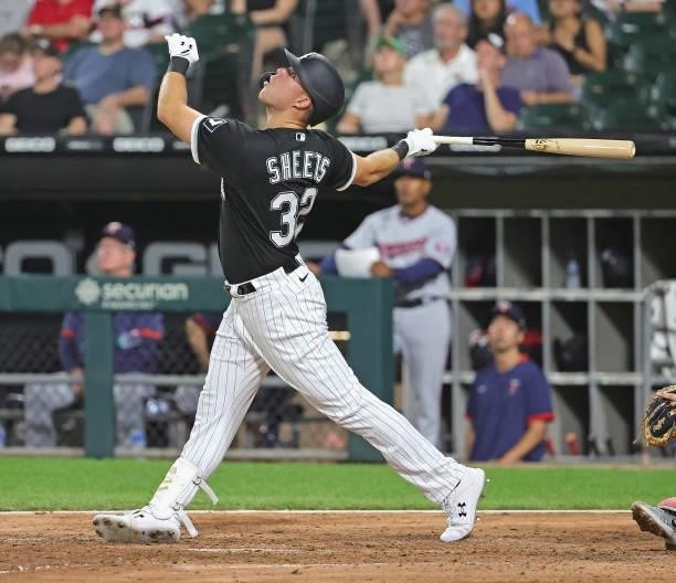 Gavin Sheets of the Chicago White Sox hits a run scoring double in the 5th inning in his Major League debut against the Minnesota Twins at Guaranteed...
